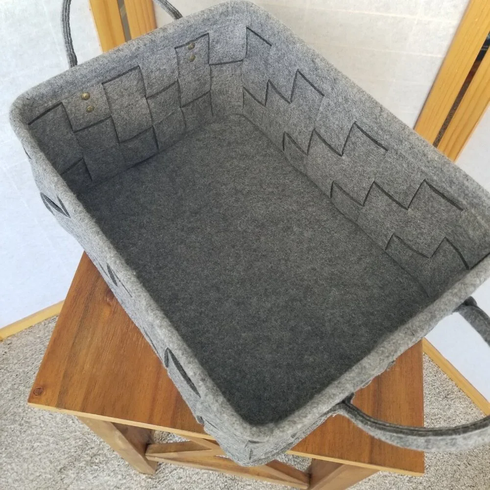 Large Flannel Felt Basket with Handle Gray Woven Set of Two 15